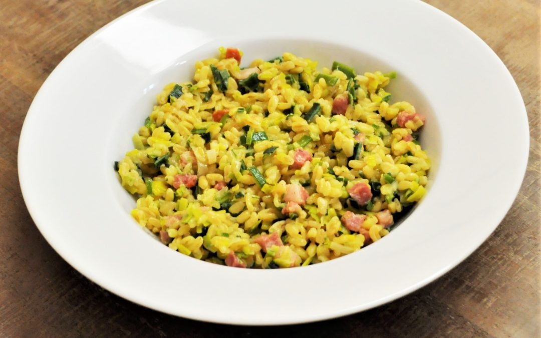 Blé au poireau et lardons