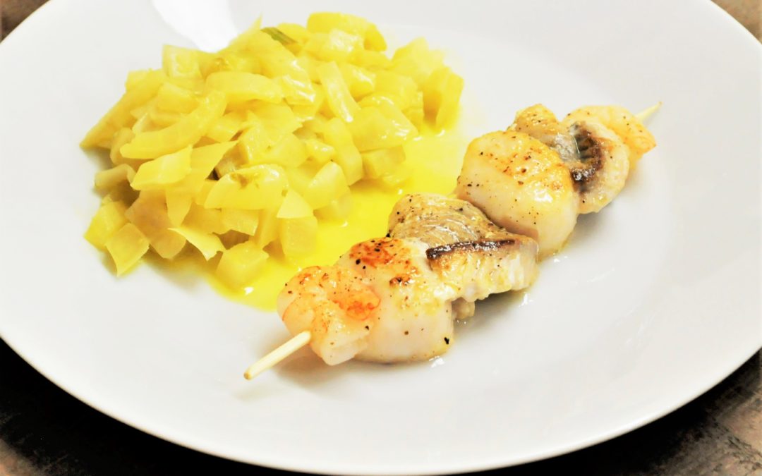 Brochette de la mer et fenouil au jus d&rsquo;orange
